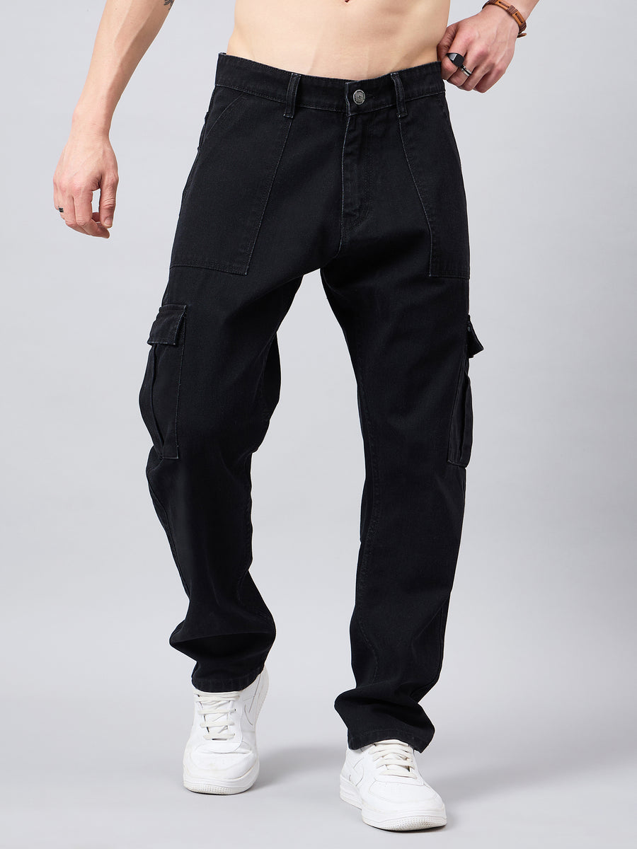 Studio Nexx Men's Black Baggy Denim Cargo|Cargo Pants For Men