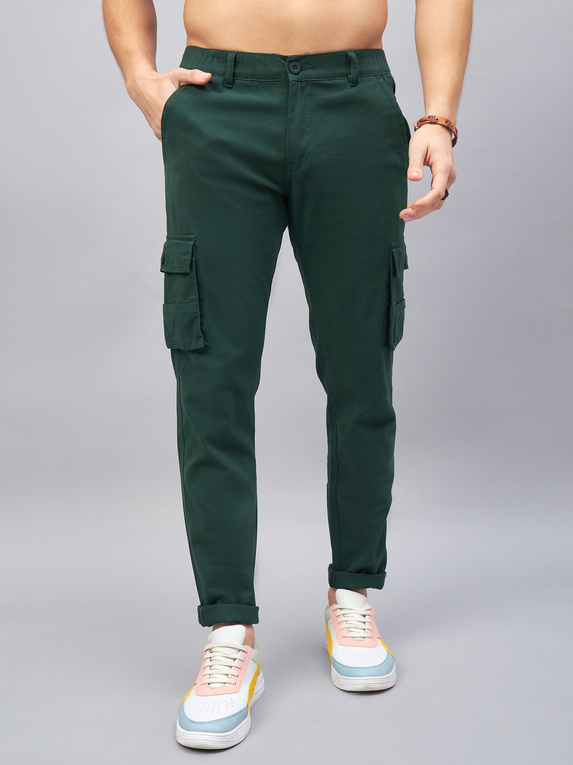 Men's Dark Green Cotton Cargo Trousers - Main Image