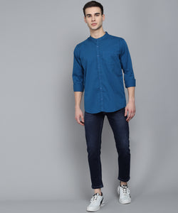 Men's Cotton Blue Mandarin Collar Casual Shirt