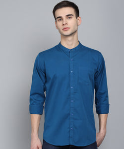 Men's Cotton Blue Mandarin Collar Casual Shirt