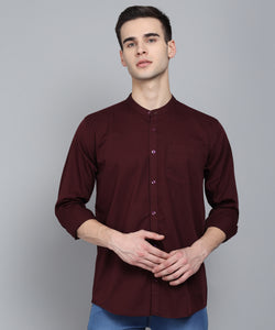 Men's Cotton Maroon Mandarin Collar Casual Shirt