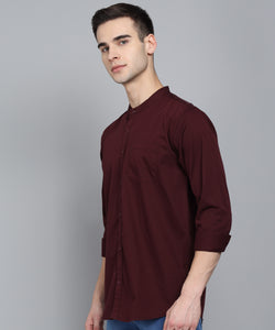 Men's Cotton Maroon Mandarin Collar Casual Shirt