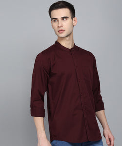 Men's Cotton Maroon Mandarin Collar Casual Shirt