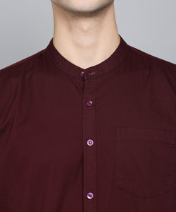 Men's Cotton Maroon Mandarin Collar Casual Shirt