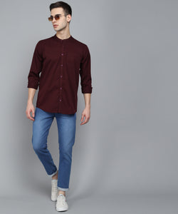 Men's Cotton Maroon Mandarin Collar Casual Shirt