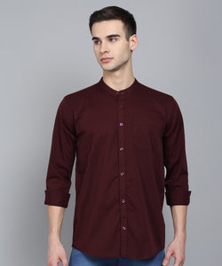 Men's Cotton Maroon Mandarin Collar Casual Shirt