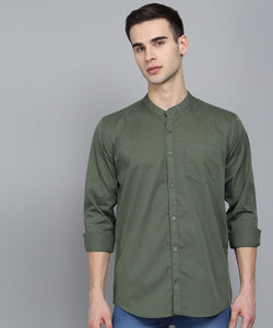 Men's Cotton Green Mandarin Collar Casual Shirt