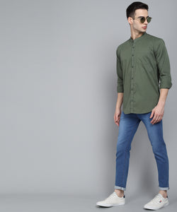 Men's Cotton Green Mandarin Collar Casual Shirt