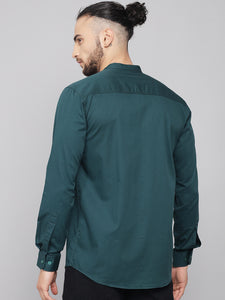 Men's Cotton Dark Green Mandarin Collar Casual Shirt