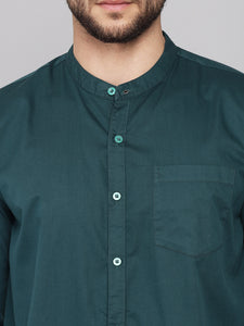 Men's Cotton Dark Green Mandarin Collar Casual Shirt