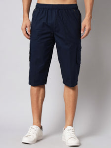 Men's Navy Blue Cotton Three Fourth Shorts