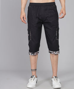 Men's Black Cotton Three Fourth Shorts