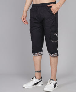 Men's Black Cotton Three Fourth Shorts