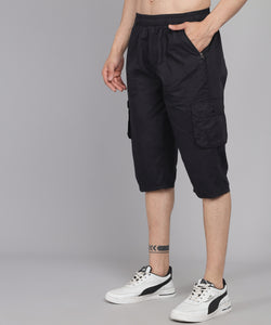 Men's Black Cotton Three Fourth Shorts