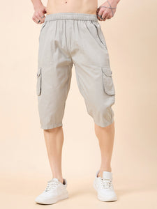 Men's Light Grey Cotton Three Fourth Shorts