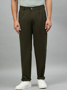 Men Relaxed Dark Green Pure Cotton Trousers