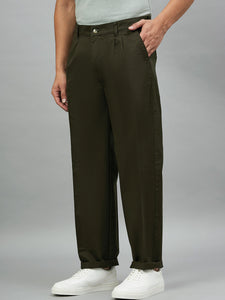 Men Relaxed Dark Green Pure Cotton Trousers