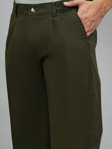 Men Relaxed Dark Green Pure Cotton Trousers